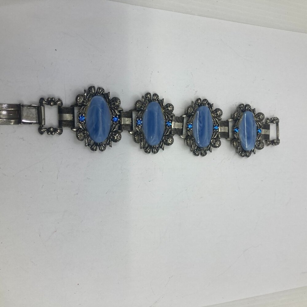 Vtg '60 SELRO SELINI ? chunky blue lucite angel cherub baby rhinestone bracelet
